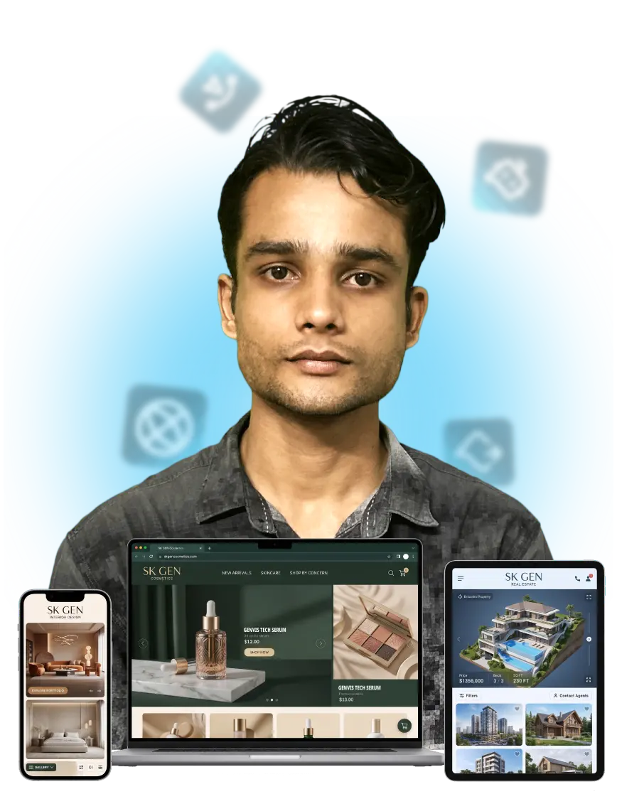 Responsive Website Image + Profile image of Sai Karthik. S + Glass Morphisms Icons+ Glow effect on back owned by SK Genvis Tech